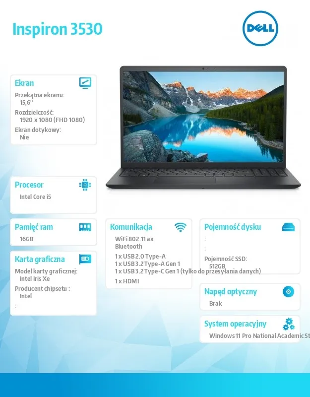 Dell Laptop Inspiron 15 3530 | Win11Pro EDU Academic | i5-1334U| 16GB | 512GB |15.6 FHD
