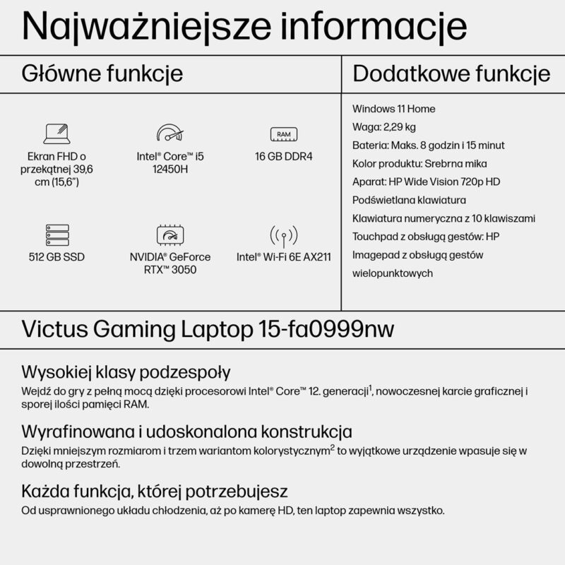 HP Victus 15-fa0999nw | i5-12450H | 15.6″ | 144Hz | RTX 3050 | 16GB RAM | 512GB SSD | Win 11 | Mica Silver
