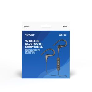 Słuchawki bezprzewodowe, z mikrofonem, ze słuchawkami SAVIO WE-03 (dokanałowe, sportowe; bezprzewodowe, Bluetooth; z wbudowanym mikrofonem; kolor czarny
