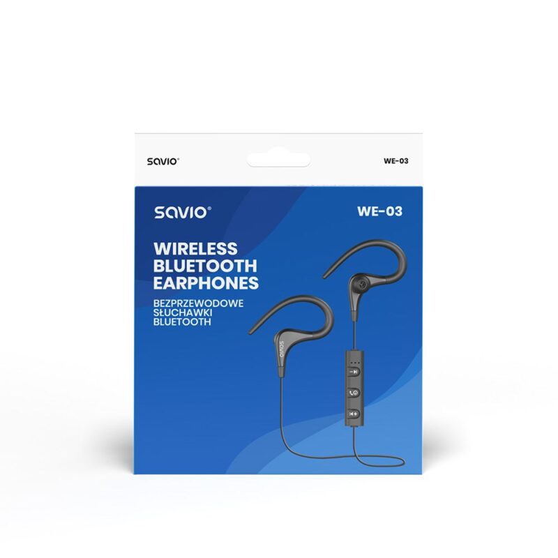 Słuchawki bezprzewodowe, z mikrofonem, ze słuchawkami SAVIO WE-03 (dokanałowe, sportowe; bezprzewodowe, Bluetooth; z wbudowanym mikrofonem; kolor czarny