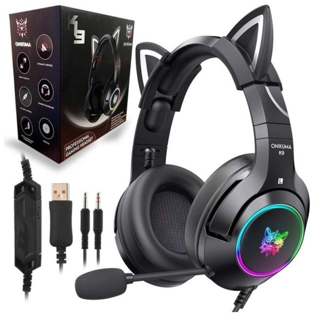 ONIKUMA K9 | Słuchawki gamingowe z RGB i odłączanymi “uszkami” | Over‑Ear 3,5 mm