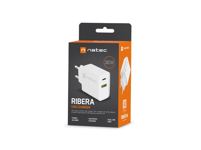 Natec Ribera NUC-2061 | Ładowarka 20W USB-A + USB-C PD | Biała