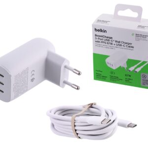 Ładowarka Belkin BoostCharge 3 Port USB-C PD 3.1 PPS Wall Charger 67W + USB-C to USB-C Cable 2m White