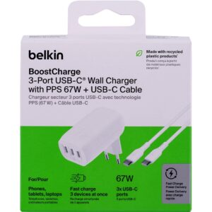 Ładowarka Belkin BoostCharge 3 Port USB-C PD 3.1 PPS Wall Charger 67W + USB-C to USB-C Cable 2m White