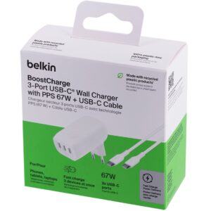 Ładowarka Belkin BoostCharge 3 Port USB-C PD 3.1 PPS Wall Charger 67W + USB-C to USB-C Cable 2m White