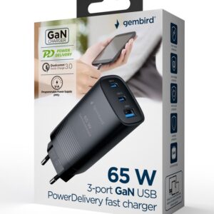 GEMBIRD SZYBKA ŁADOWARKA USB POWER DELIVERY USB TYPU C, 3X USB, 65 W, GAN CZARNA