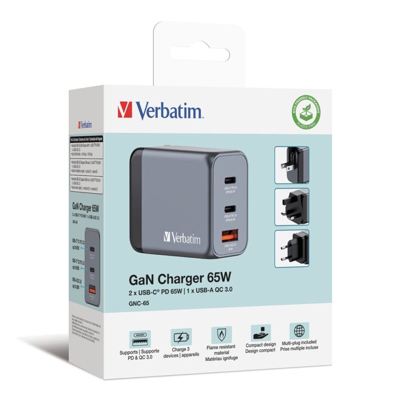 Ładowarka sieciowa Verbatim GaN GNC-65 2xUSB-C Uniwersalna