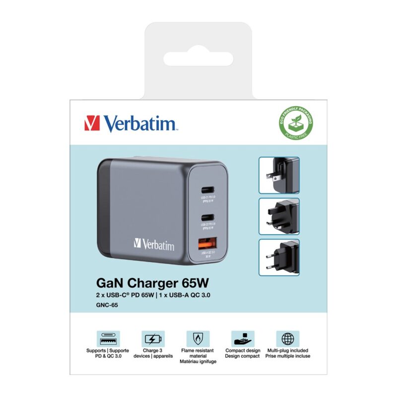 Ładowarka sieciowa Verbatim GaN GNC-65 2xUSB-C Uniwersalna