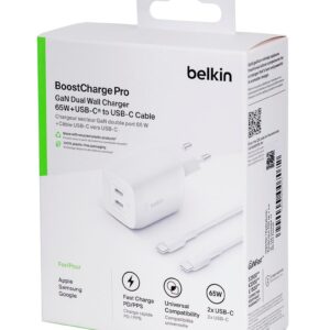 Ładowarka Belkin BoostCharge Pro Dual USB-C PD 3.0 PPS GaN Wall Charger 65W + USB-C to USB-C Cable 2m White