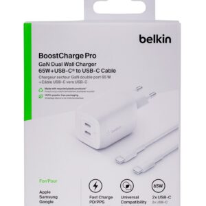 Ładowarka Belkin BoostCharge Pro Dual USB-C PD 3.0 PPS GaN Wall Charger 65W + USB-C to USB-C Cable 2m White