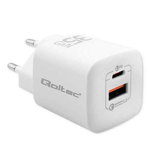 Qoltec GaN Ultra 35W | 1×USB-C PD & 1×USB-A | Szybkie Ładowanie