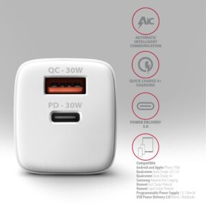 Axagon ACU-PQ30W Ladegerät QC3.0.4.0/AFC/FCP/PPS/Apple+ PD USB-C 30W - weiß - USB Typ C Telefon komórkowy, Smartfon, Smartwatch, Tablet, Uniwersalne Biały Prąd przemienny Szybkie ładowanie Wewnętrzna