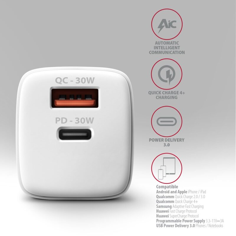Axagon ACU-PQ30W Ladegerät QC3.0.4.0/AFC/FCP/PPS/Apple+ PD USB-C 30W - weiß - USB Typ C Telefon komórkowy, Smartfon, Smartwatch, Tablet, Uniwersalne Biały Prąd przemienny Szybkie ładowanie Wewnętrzna