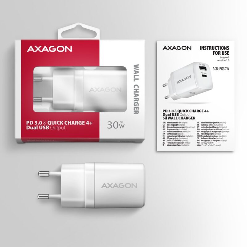 Axagon ACU-PQ30W Ladegerät QC3.0.4.0/AFC/FCP/PPS/Apple+ PD USB-C 30W - weiß - USB Typ C Telefon komórkowy, Smartfon, Smartwatch, Tablet, Uniwersalne Biały Prąd przemienny Szybkie ładowanie Wewnętrzna