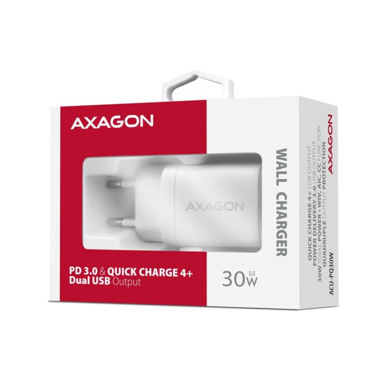 Axagon ACU-PQ30W Ladegerät QC3.0.4.0/AFC/FCP/PPS/Apple+ PD USB-C 30W - weiß - USB Typ C Telefon komórkowy, Smartfon, Smartwatch, Tablet, Uniwersalne Biały Prąd przemienny Szybkie ładowanie Wewnętrzna
