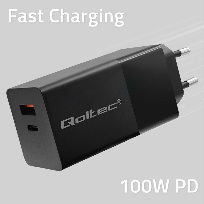 Qoltec GaN Power Pro | USB-C + USB-A 100 W PD | Czarna