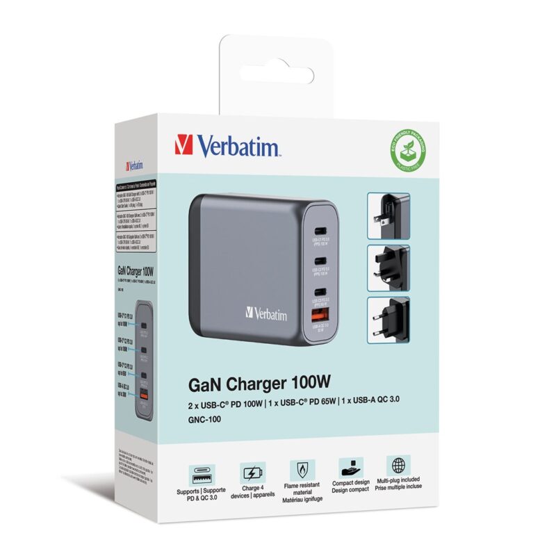 zdjecie-1750757776.jpg Verbatim GaN GNC-100 | 4-portowa ładowarka 100 W | USB-A & USB-C