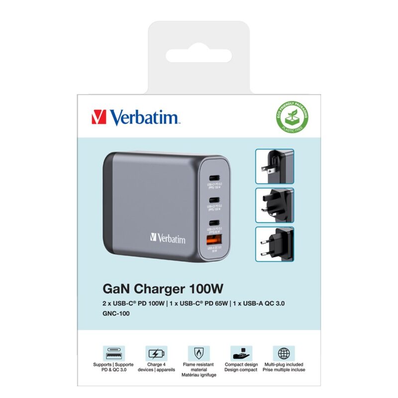 zdjecie-1750757778.jpg Verbatim GaN GNC-100 | 4-portowa ładowarka 100 W | USB-A & USB-C