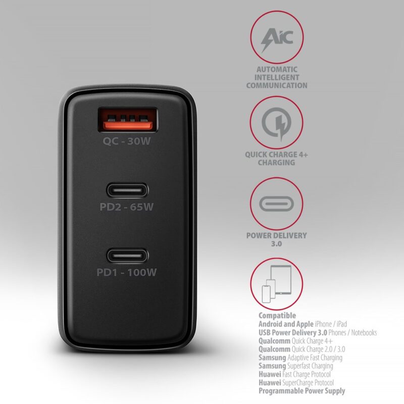 Axagon ACU-DPQ100 ładowarka do urządzeń przenośnych Komputer przenośny, Telefon komórkowy, Netbook, Laptop, Smartfon, Smartwatch, Tablet, Uniwersalne Czarny Prąd przemienny Szybkie ładowanie Wewnętrzna