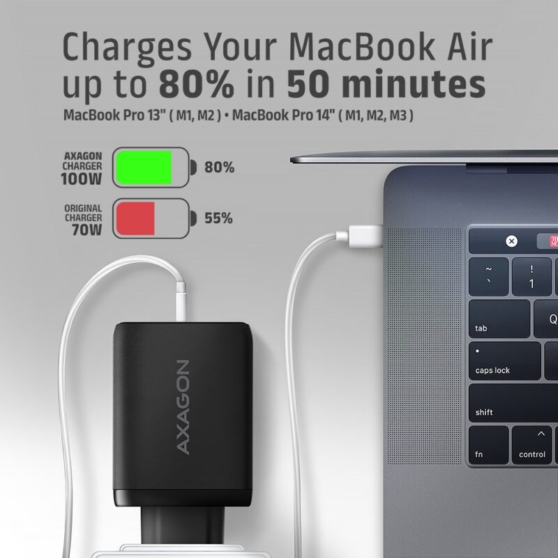 Axagon ACU-DPQ100 ładowarka do urządzeń przenośnych Komputer przenośny, Telefon komórkowy, Netbook, Laptop, Smartfon, Smartwatch, Tablet, Uniwersalne Czarny Prąd przemienny Szybkie ładowanie Wewnętrzna
