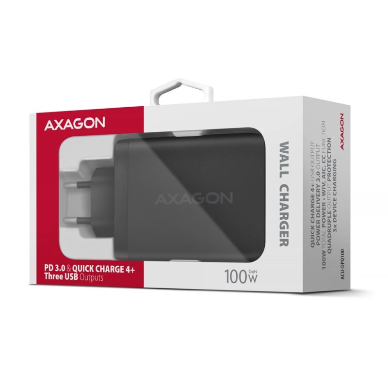 Axagon ACU-DPQ100 ładowarka do urządzeń przenośnych Komputer przenośny, Telefon komórkowy, Netbook, Laptop, Smartfon, Smartwatch, Tablet, Uniwersalne Czarny Prąd przemienny Szybkie ładowanie Wewnętrzna