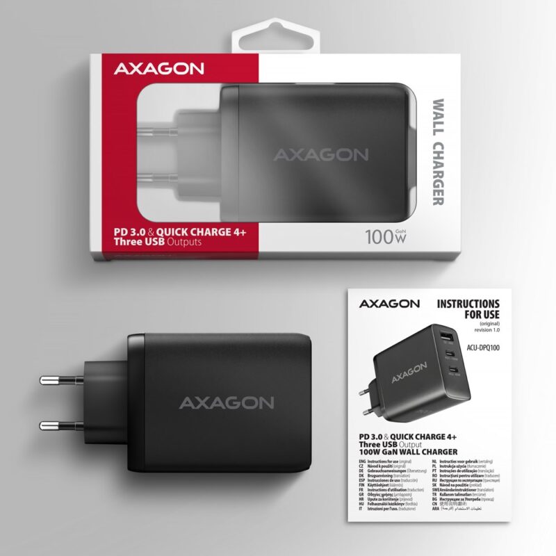 Axagon ACU-DPQ100 ładowarka do urządzeń przenośnych Komputer przenośny, Telefon komórkowy, Netbook, Laptop, Smartfon, Smartwatch, Tablet, Uniwersalne Czarny Prąd przemienny Szybkie ładowanie Wewnętrzna
