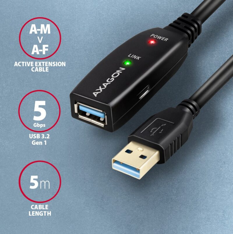 Kabel przedłużacz/repeater Axagon ADR-305 USB 3.2 Gen 1 A-M -> A-F active extension/repeater cable 5m - Kabel - Digital/Daten kabel USB USB 3.2 Gen 1 (3.1 Gen 1) USB A Czarny