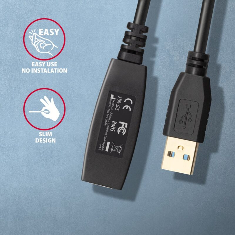 Kabel przedłużacz/repeater Axagon ADR-305 USB 3.2 Gen 1 A-M -> A-F active extension/repeater cable 5m - Kabel - Digital/Daten kabel USB USB 3.2 Gen 1 (3.1 Gen 1) USB A Czarny