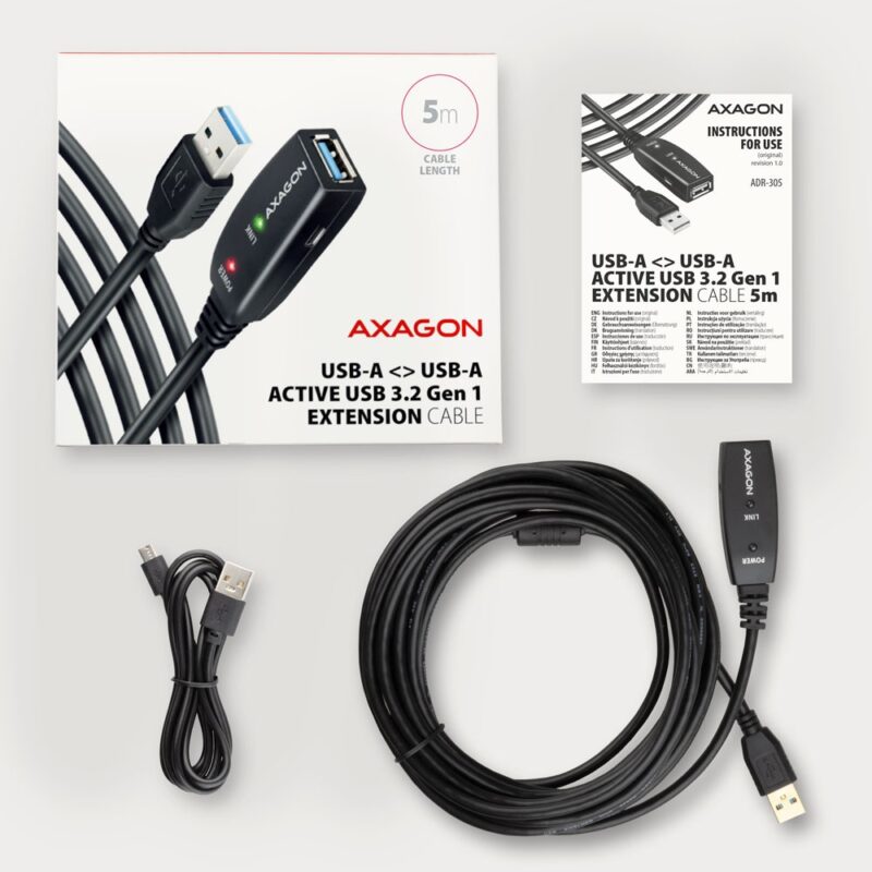 Kabel przedłużacz/repeater Axagon ADR-305 USB 3.2 Gen 1 A-M -> A-F active extension/repeater cable 5m - Kabel - Digital/Daten kabel USB USB 3.2 Gen 1 (3.1 Gen 1) USB A Czarny