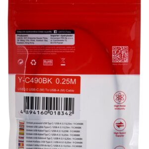 UNITEK KABEL USB-C - USB-A 3.1,M/M,0,25M, Y-C490BK
