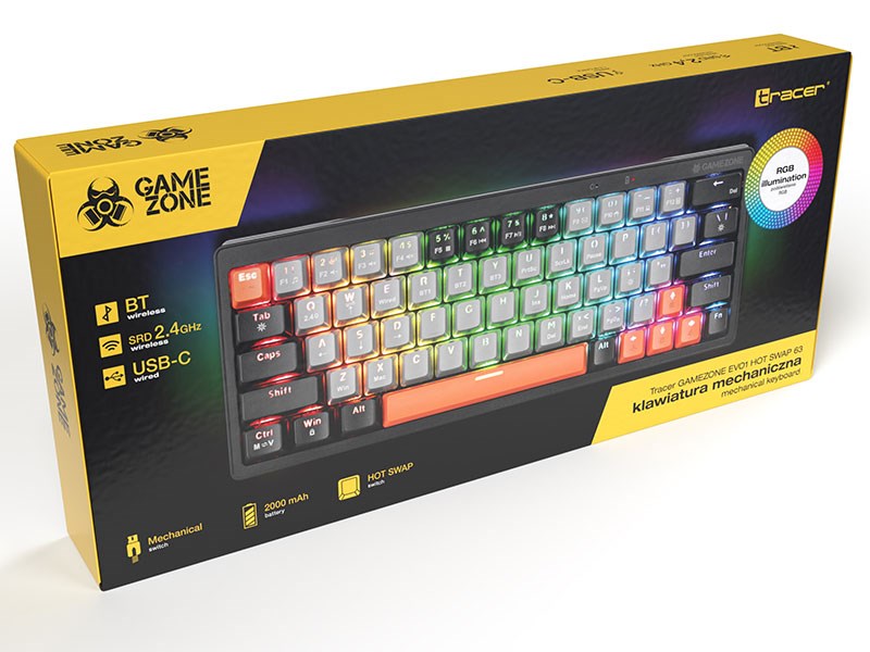 Tracer Gamezone Evo1 | Hot-Swap 63-key | Szara Klawiatura Gamingowa