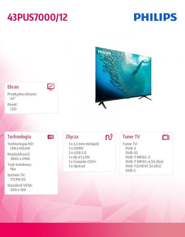 Telewizor LED 43 cale 43PUS7000/12