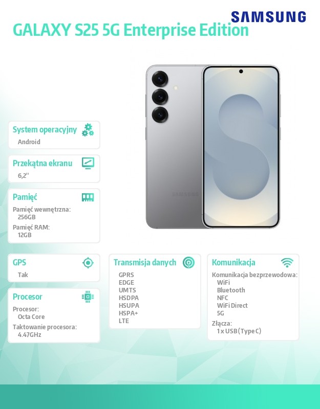 Smartfon GALAXY S25 5G 12/256GB DS Enterprise Edition Srebrny