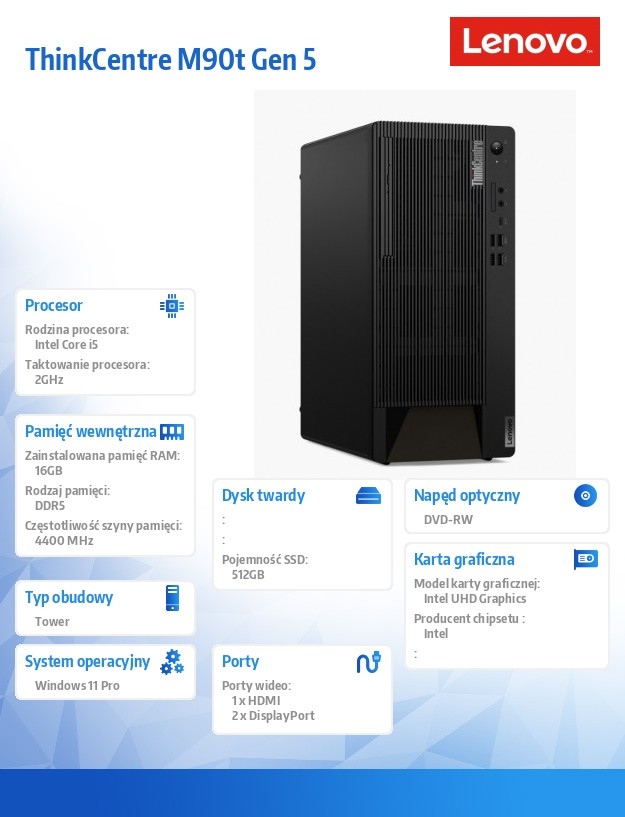 Komputer ThinkCentre M90t G5 Tower W11Pro 5-14600/16GB/512GB/INT/DVD/vPro/3YRS OS + 1YR Premier
