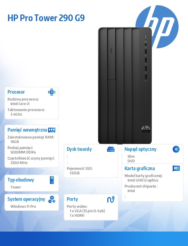 Komputer stacjonarny 290 Tower G9 i3-13100 512GB/16GB/DVDR/W11P 936A6EA
