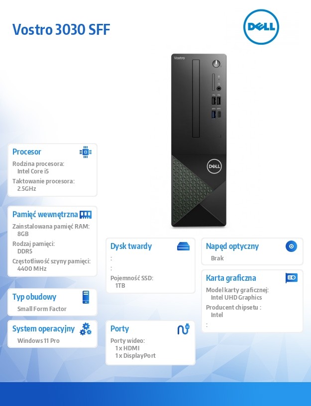 baselinker-1756547291-1.jpg Komputer Vostro 3030 SFF Win11Pro i5-14400/8GB/1TB SSD/Intel UHD 730/WLAN+BT/Kb/Mouse/3YPS