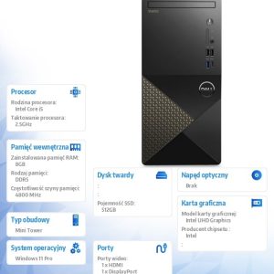 Komputer Vostro 3030 MT Win11Pro i5-12400/8GB/512GB SSD/Intel UHD 730/WLAN + BT/Kb/Mouse/3YPS