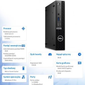 Komputer Optiplex MFF/Core i3-14100T/8GB/512GB SSD/Integrated/WLAN + BT/Kb/Mouse/W11Pro