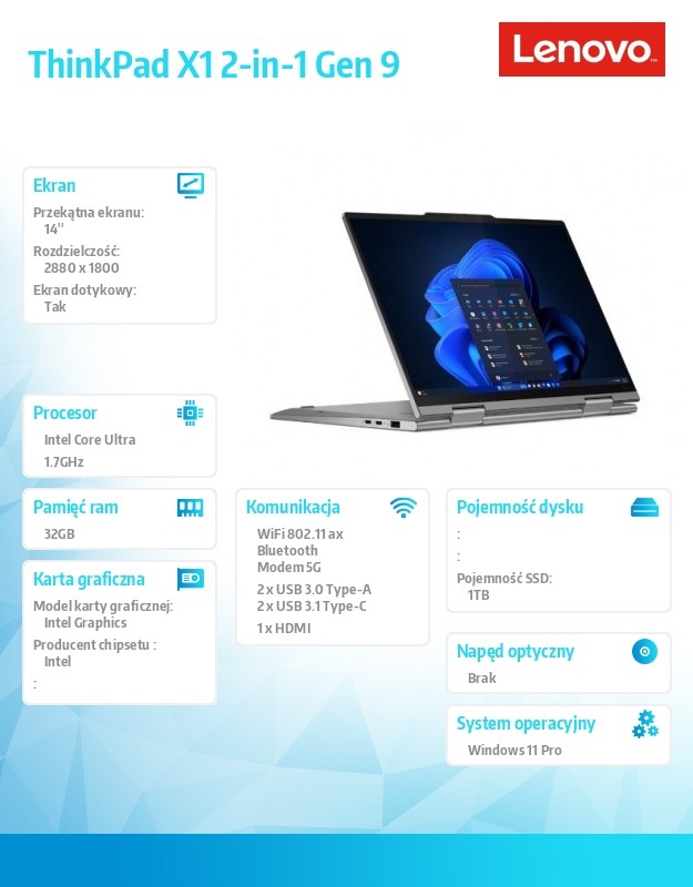 Ultrabook ThinkPad X1 2in1 G9 21KE002WPB W11Pro Ultra 7 155U/32GB/1TB/INT/LTE/14.0 2.8K OLED/Touch/Grey/vPro/3YRS Premier Support Plus + CO2 Offset