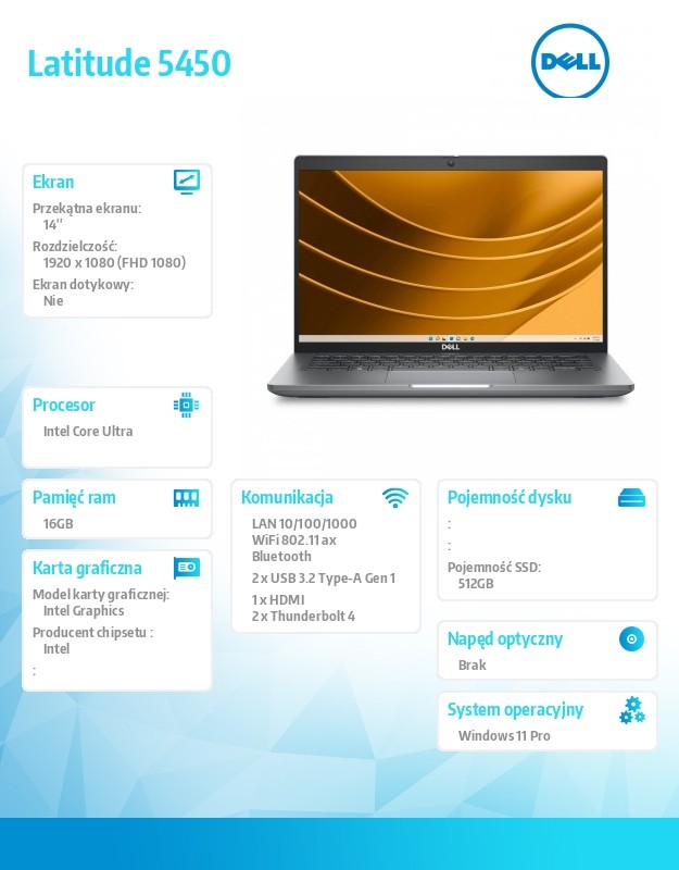 Notebook Latitude 5450 Win11Pro Ultra 7 155U/16GB/512GB SSD Gen4/14.0 FHD/Integrated/FgrPr&SmtCd/FHD/IR Cam/Mic/WWANReady4G+BT/Backlit Kb/3C/3YPS