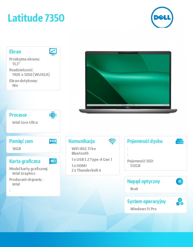 Notebook Latitude 7350 Win11Pro Ultra 5 135U/16GB/512GB SSD Gen4/13.3 FHD+/Int/FgrPr&SmtCd/FHD/IR Cam/Mic/WWANReady4G+BT/Backlit Kb/3C/vPro/3YPS
