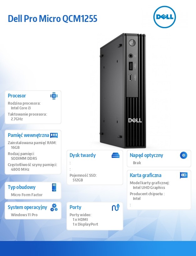 baselinker-1756547671-1.jpg Komputer Dell Pro Micro QCM1250 W11Pro i3-14100T/16GB/512GB SSD/Integrated/WLAN + BT/Kb/Mouse/3YPS