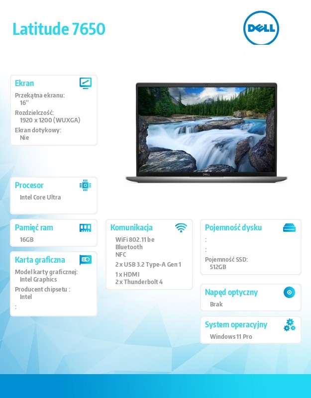 Notebook Latitude 7650 Win11Pro Ultra 7 155U/16GB/512GB SSD Gen4/16 FHD+/Int/FgrPr&SmtCd/FHD/IR Cam/Mic/WLAN+BT/Backlit Kb/3C/3YPS