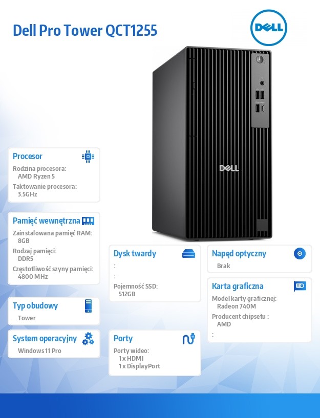 baselinker-1756547681.jpg Komputer Dell Pro Tower QCT1255 W11Pro Ryzen 5 8500G/8GB/512GB SSD/Integrated/Kb/Mouse/3YPS