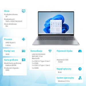 Laptop ThinkBook 16 G7 21MW000TPB W11Pro 7535HS/16GB/512GB/AMD Radeon/16.0 WQXGA/Arctic Grey/3YR OS + CO2 Offset