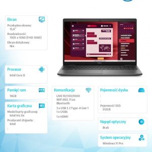 baselinker-1756547822-1.jpg Laptop Latitude 3550 Win11Pro i5-1335U/16GB/512GB SSD Gen4/15.6 FHD/Integrated/FgrPr/FHD/IR Cam/Mic/WLAN + BT/Backlit Kb/3 Cell/3YPS
