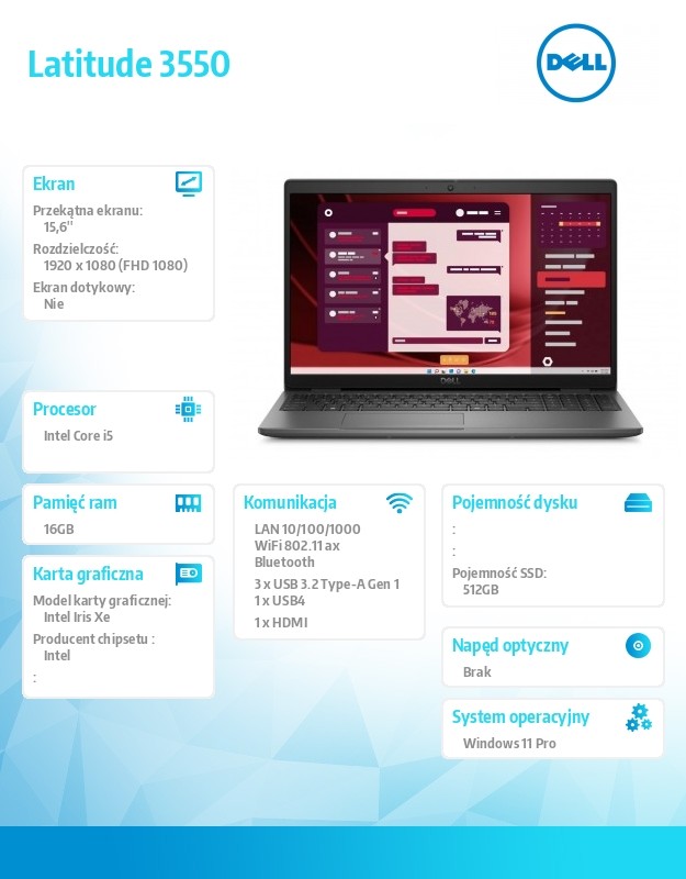 baselinker-1756547822-1.jpg Laptop Latitude 3550 Win11Pro i5-1335U/16GB/512GB SSD Gen4/15.6 FHD/Integrated/FgrPr/FHD/IR Cam/Mic/WLAN + BT/Backlit Kb/3 Cell/3YPS