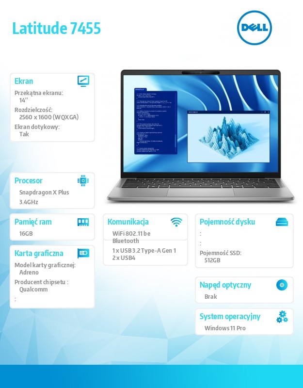 baselinker-1756547837-2.jpg Notebook Latitude 7455 Win11Pro Snapdragon X Plus 10C 16GB/512GB SSD Gen4/14.0 QHD+ Touch/UMA GPU/FgrPr/FHD/IR Cam/Mic/WLAN+BT/Bckl Kb/3C/3YPS
