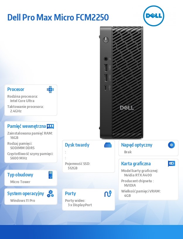 baselinker-1756547898-2.jpg Komputer Dell Pro Max Micro FCM2250 Win 11 Pro Intel U7 265/16GB/512GB/NVIDIA RTX A400/WLAN + BT/Wireless Kb & Mouse/280W/vPro/3Y ProSupport