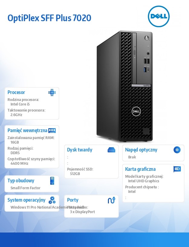 Komputer OptiPlex 7020 SFF Win11Pro EDU/Academic i5-14500/16GB/512GB/Integrated/WLAN+BT/Kb&Mouse/5Y BOS